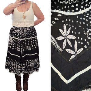 VTG Black White Printed Pull On Boho Cotton Broomstick Skirt Free Size